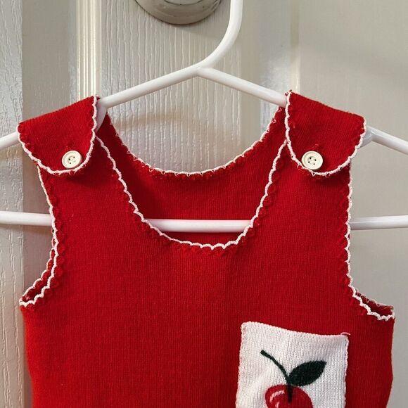 Vintage Absorba Red Cherry Sweater One Piece Footed Romper Girls Size 6 Months - Picture 5 of 14